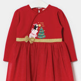 Kırmızı  Çam Ağacı Baskılı Tül Etekli Kız Bebek Elbise - Betty