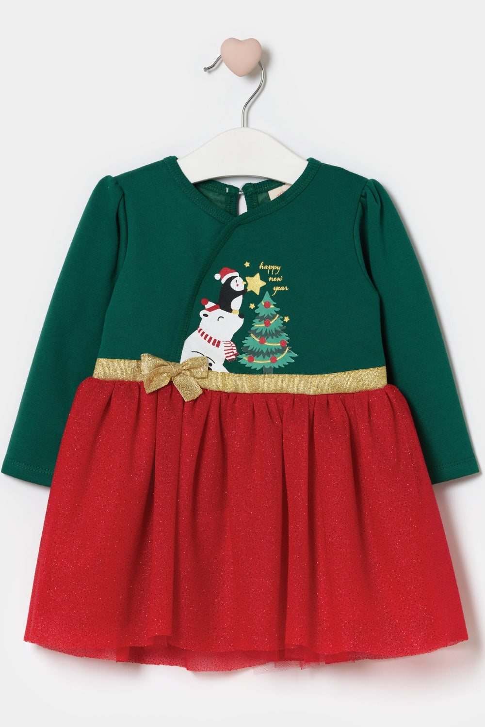 Yeşil  Çam Ağacı Baskılı Tül Etekli Kız Bebek Elbise - Betty