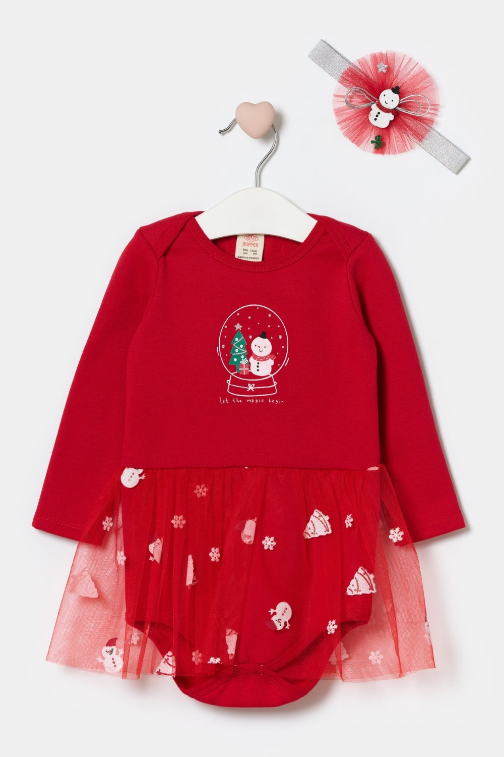 Kırmızı  Kardan Adam Baskılı Saç Bantlı Kız Bebek Romper - Misty