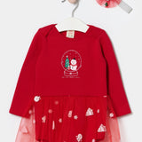 Kırmızı  Kardan Adam Baskılı Saç Bantlı Kız Bebek Romper - Misty