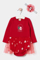 Red Snowman Printed Baby Girl Romper with Headband - Misty