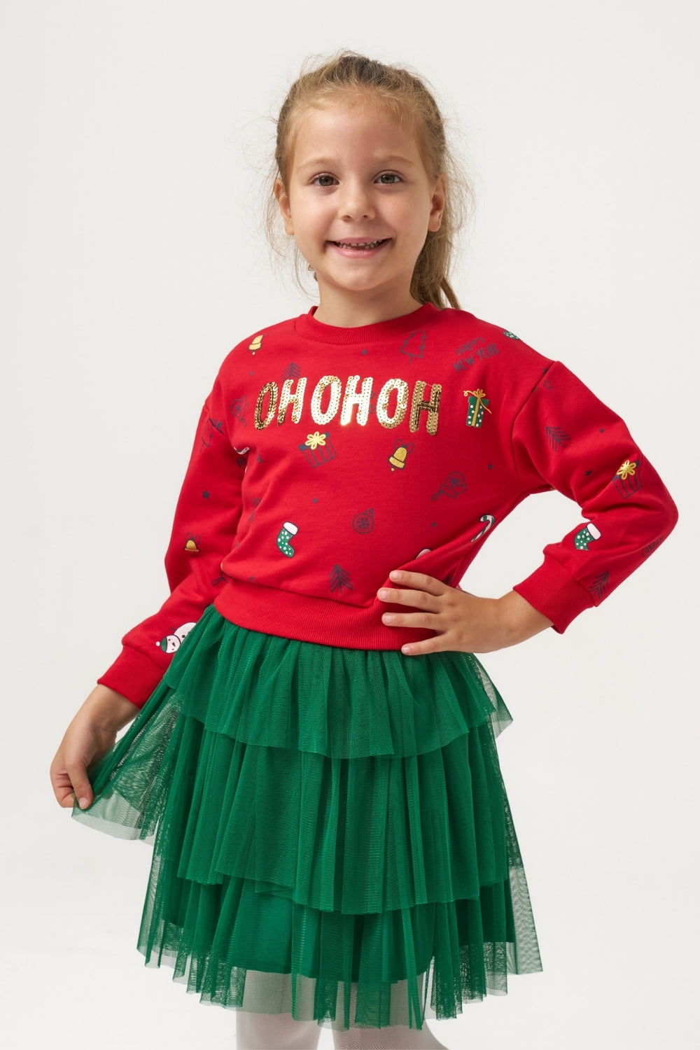 Kırmızı  Yılbaşı Temalı Kız Çocuk İkili Takım - Judy
