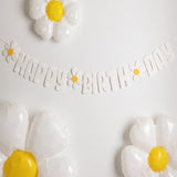 Beyaz Papatya Temalı Happy Birthday Parti Banner