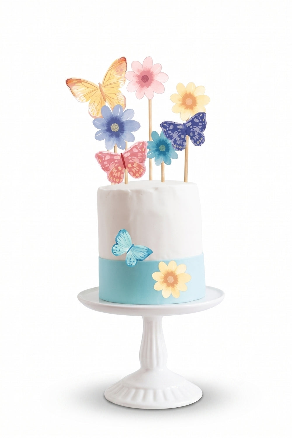 Çok Renkli 7'li Kelebek ve Çiçek Temalı Uzun Kürdan Pasta Süsü