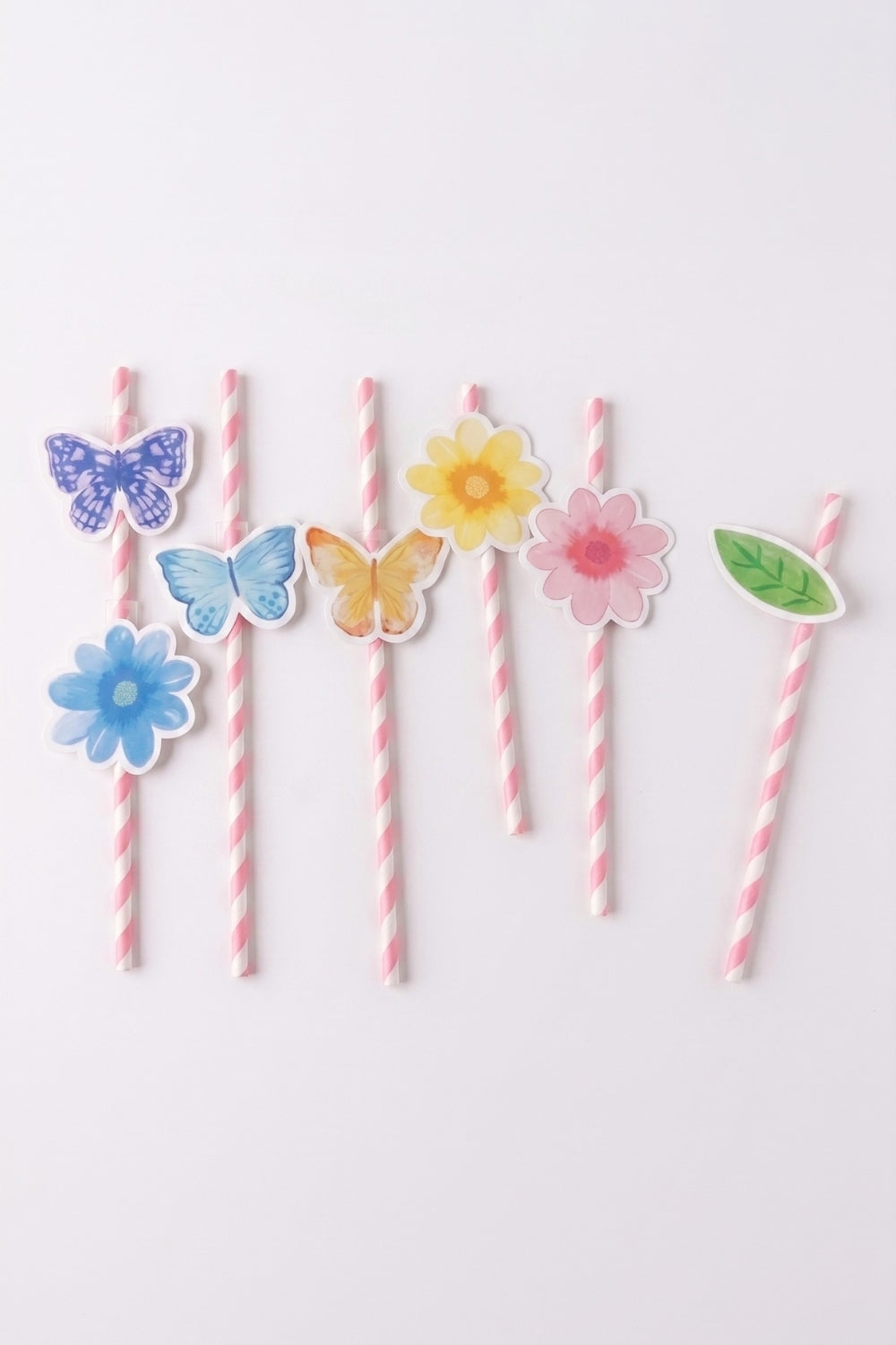 Çok Renkli 7'li Kelebek ve Çiçek Temalı Kağıt Parti Pipeti