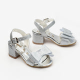 Gümüş Bilekten Bağlamalı Fiyonklu Kız Çocuk Topuklu Ayakkabı
