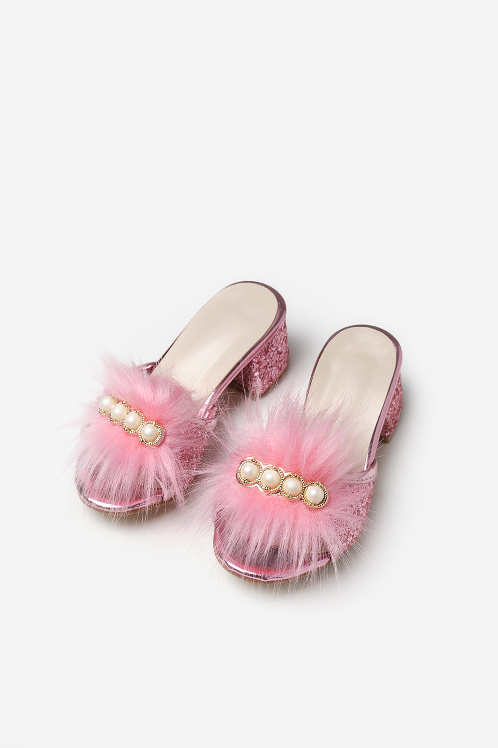 Pembe  İncili Peluşlu Kız Çocuk Topuklu Terlik
