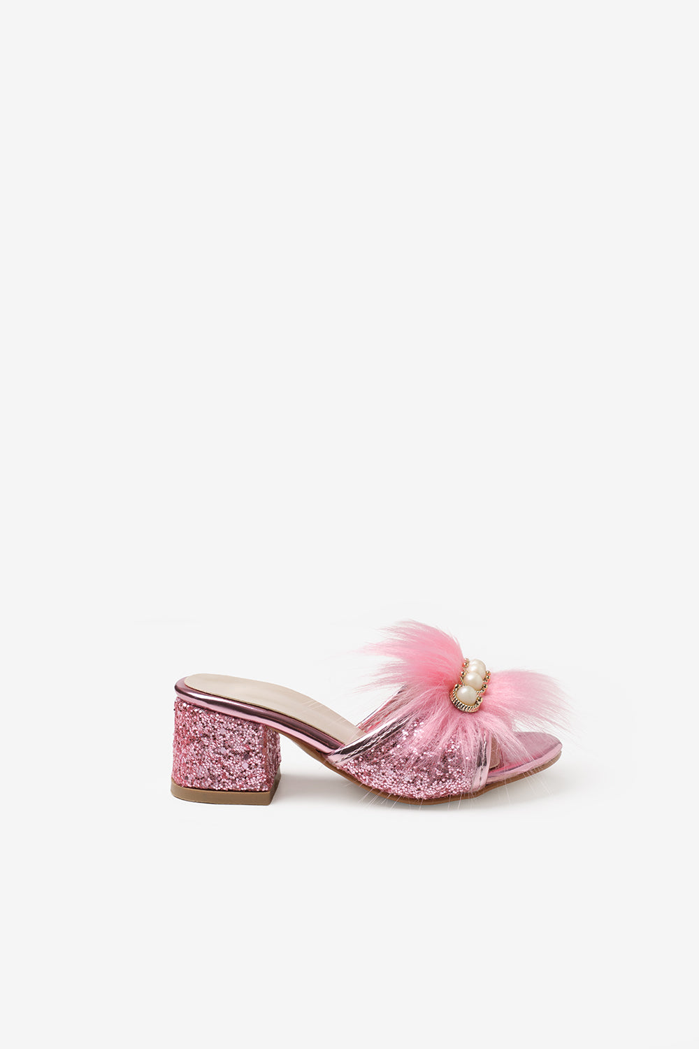 Pembe  İncili Peluşlu Kız Çocuk Topuklu Terlik