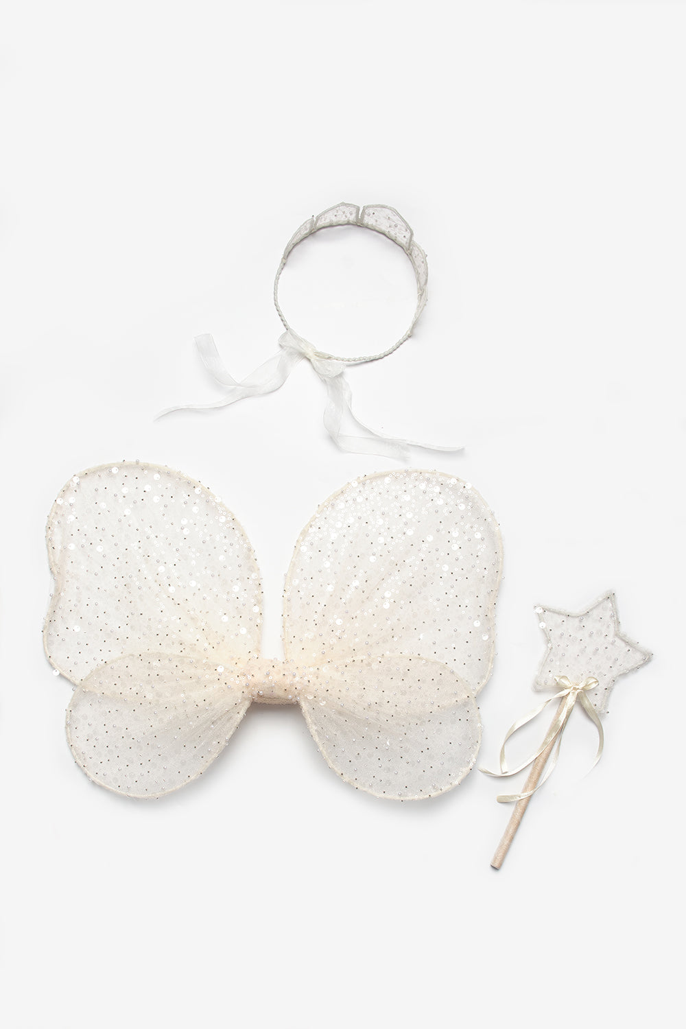 Ekru  Pullu Boncuklu 3'lü Kelebek Kanat Asa Taç Set