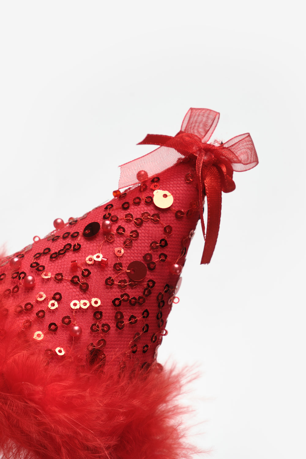 Kırmızı  Fiyonk Detaylı Pullu Kız Çocuk Klipsli Doğum Günü Huni Taç