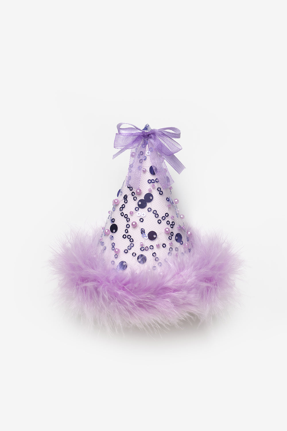 Lila  Fiyonk Detaylı Pullu Kız Çocuk Klipsli Doğum Günü Huni Taç