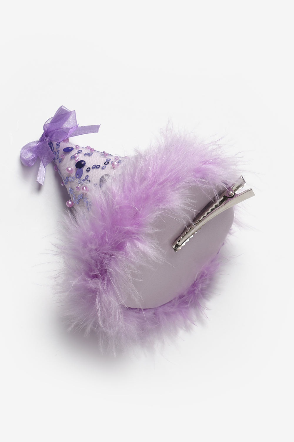 Lila  Fiyonk Detaylı Pullu Kız Çocuk Klipsli Doğum Günü Huni Taç