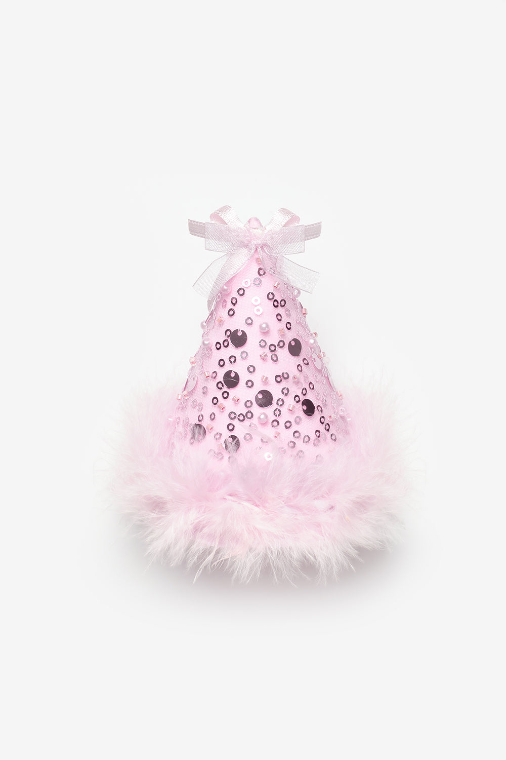 Pembe  Fiyonk Detaylı Pullu Kız Çocuk Klipsli Doğum Günü Huni Taç