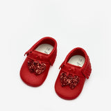 Kırmızı  Kalp Figürlü Kız Bebek Deri Makosen