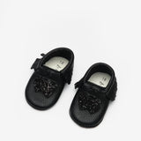 Siyah  Kalp Figürlü Kız Bebek Deri Makosen