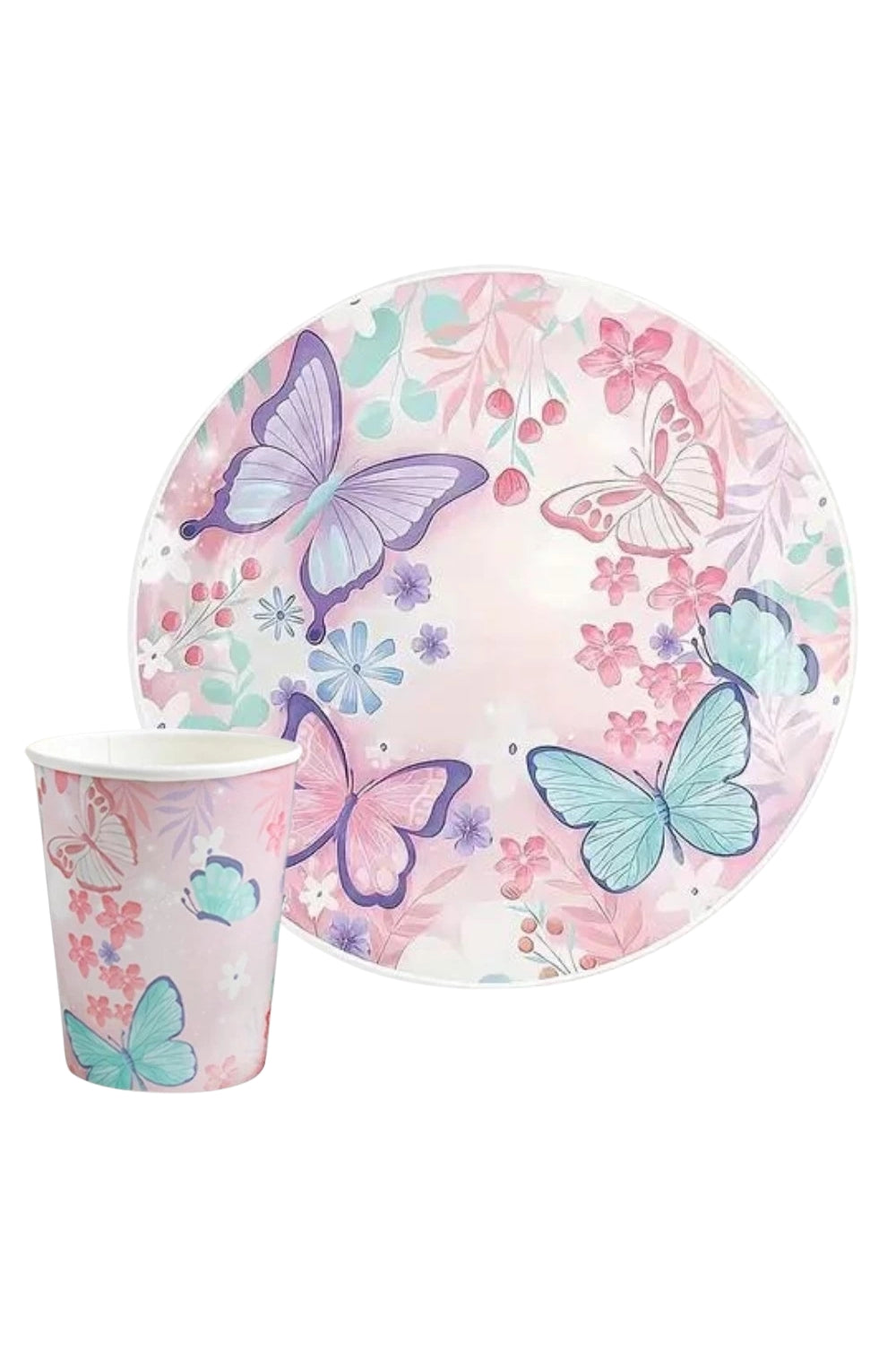 Pembe  Kelebek Desenli 8'li Tabak Bardak Set