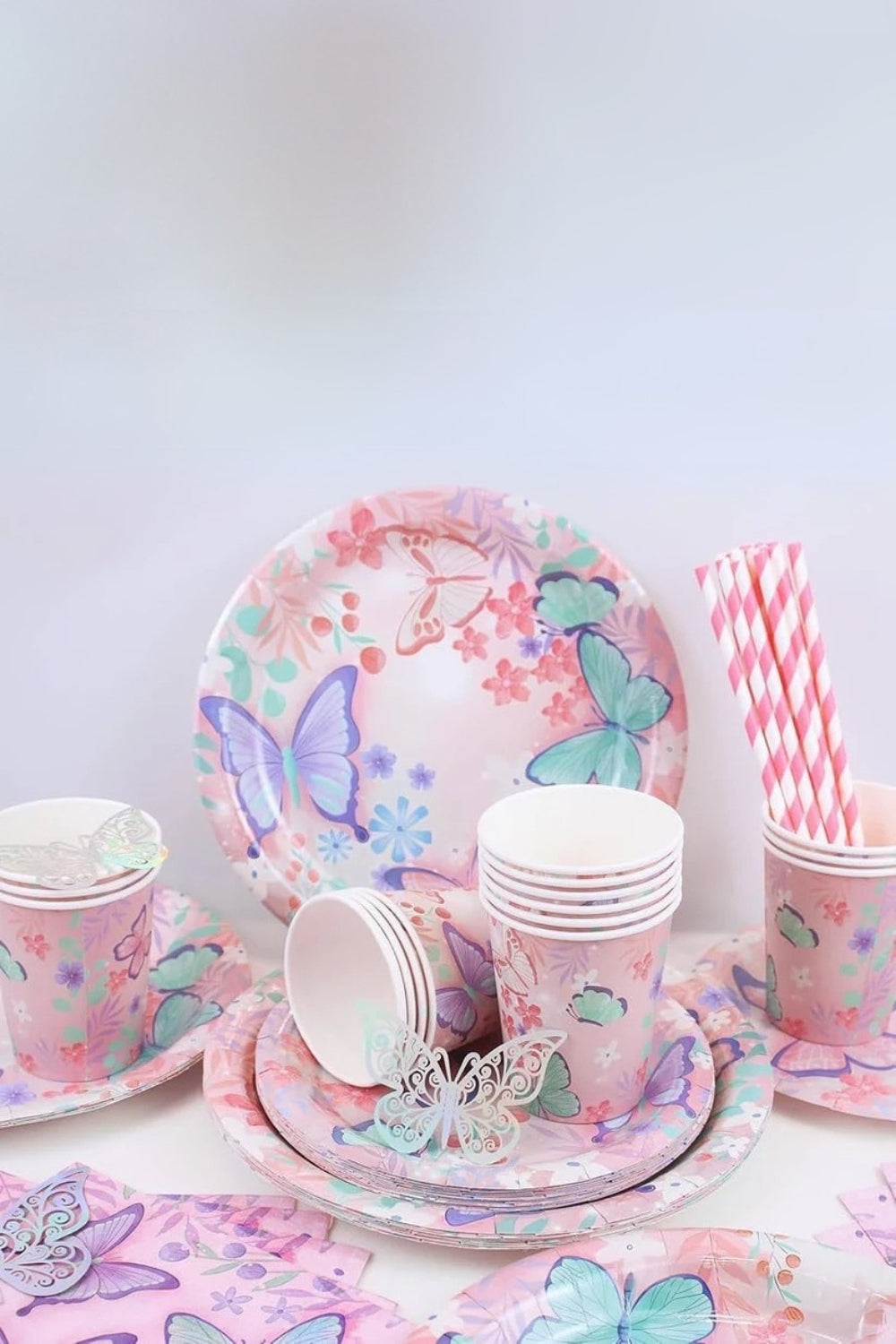 Pembe  Kelebek Desenli 8'li Tabak Bardak Set