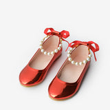 Kırmızı İncili Topuğu Fiyonklu Kız Çocuk Ayakkabı