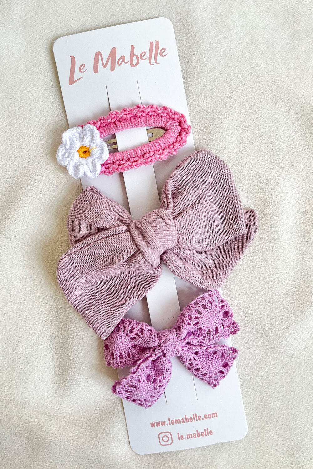 Lila  Örgü Çiçek 3'lü Toka Set