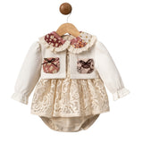 Ekru Çiçek Yakalı Hırkalı Kız Çocuk Elbise Set - Fiona