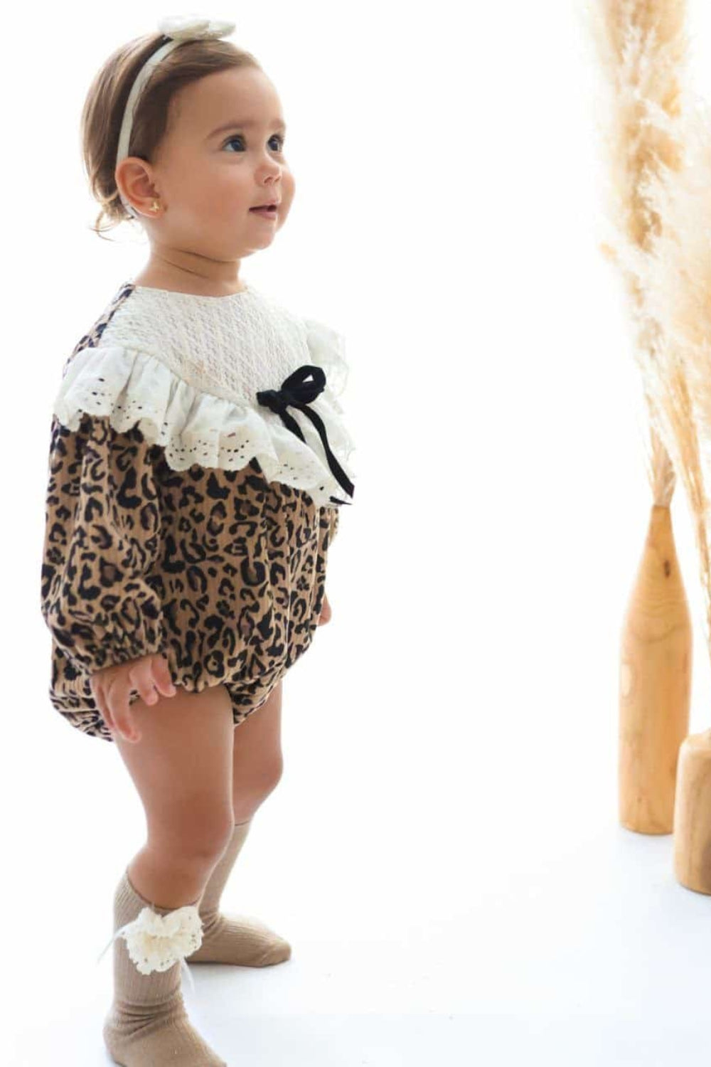 Kahverengi  Fisto Yakalı Leopar Desenli Kız Bebek Romper - Lenora