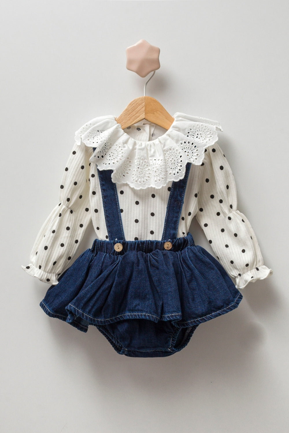 Ekru Puanlı Kız Bebek Kot Tulum - Penny