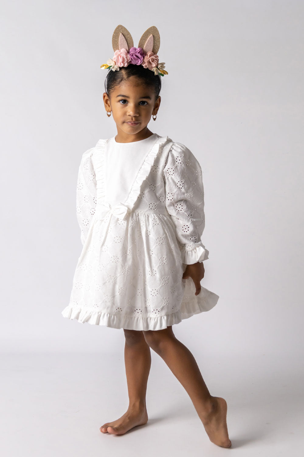 Beyaz  Uzun Kollu Fisto Kız Çocuk Elbise - Adele