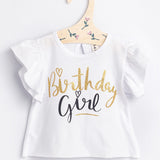 Beyaz  Kısa Kollu Birthday Girl Kız Çocuk Tişört