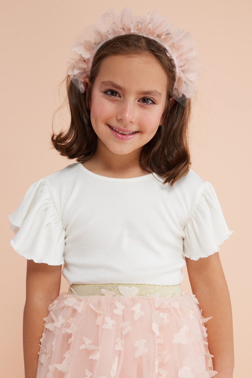 Ekru Arkası Çapraz Biyeli Kız Çocuk Tişört - Julie