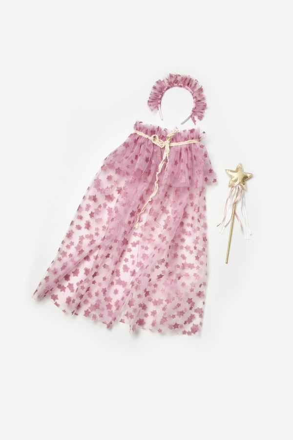 Gülkurusu Yıldız Baskılı Kız Çocuk Yıldızlı Pelerin Asa ve Taç Set