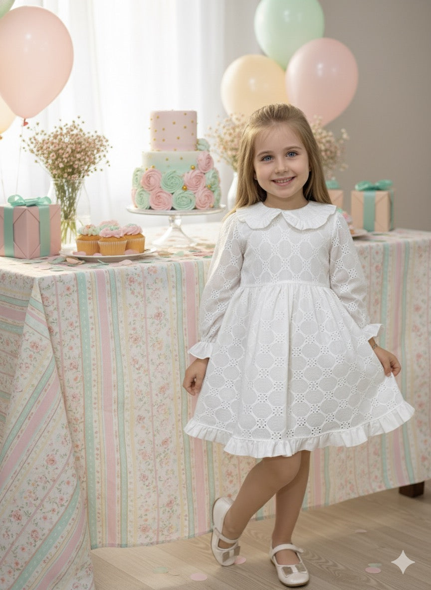 Beyaz  Uzun Kollu Fisto Yaka Detaylı Kız Çocuk Elbise - Jesicca