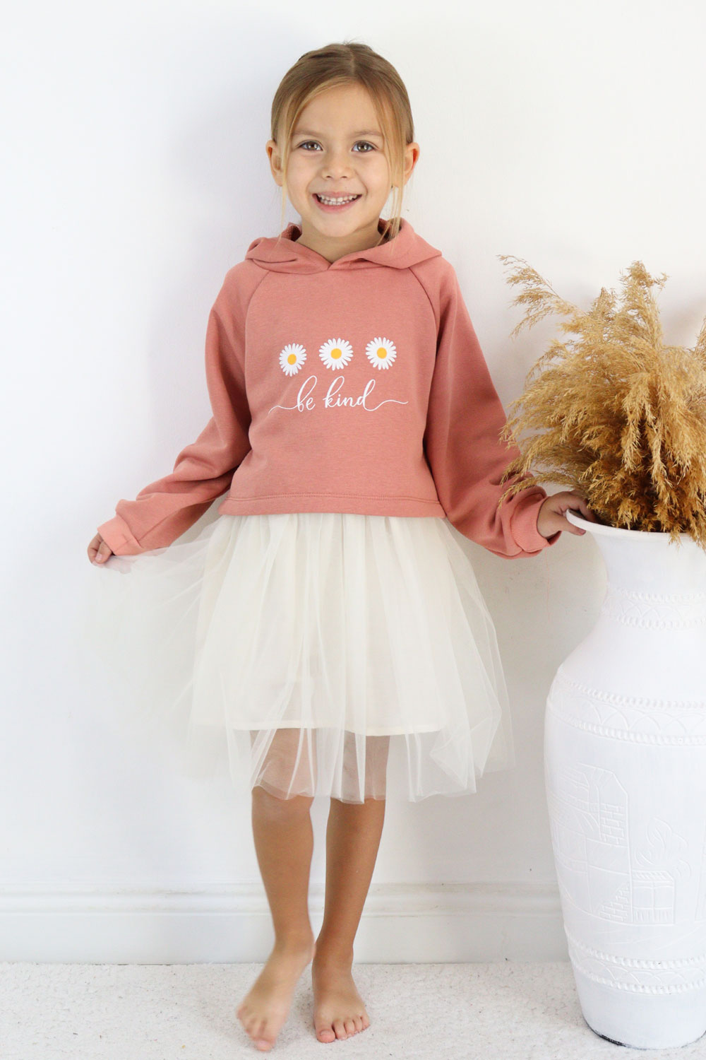 Kiremit  Papatya Desenli Kapüşonlu Sweat Elbise Takım - Fleur