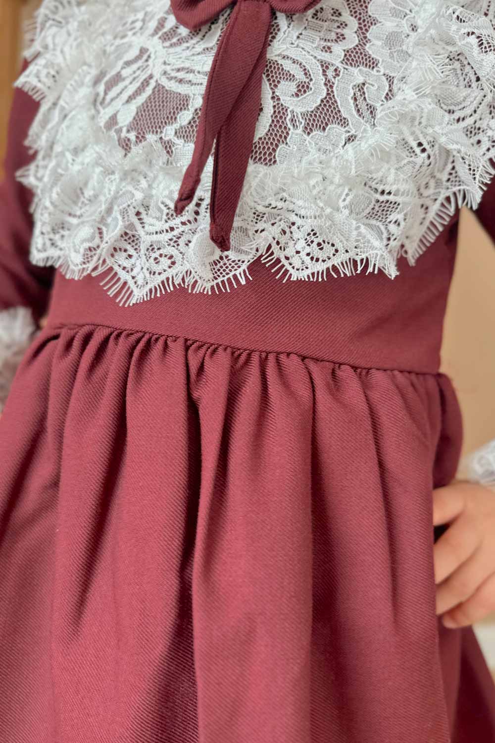 Bordo  Dantel Detaylı Bordo Kız Çocuk Elbise - Gina