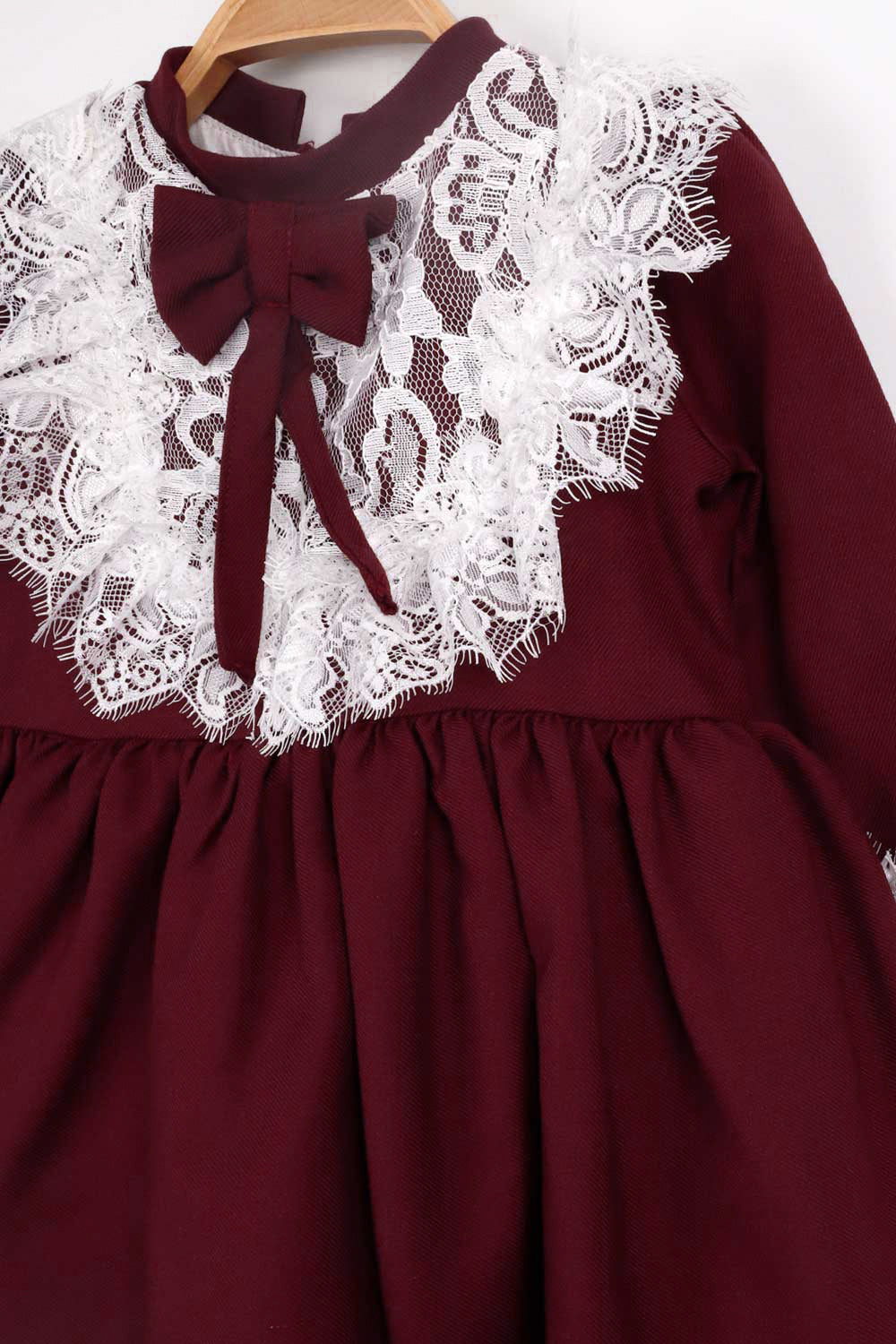 Bordo  Dantel Detaylı Bordo Kız Çocuk Elbise - Gina
