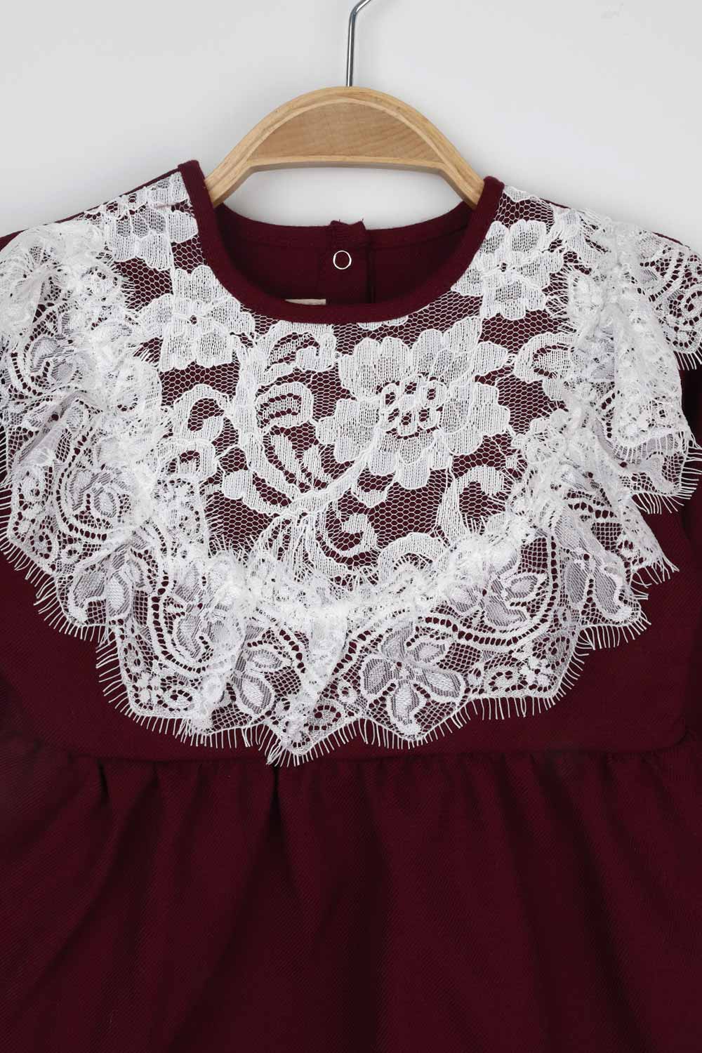 Bordo  Dantel Detaylı Kız Bebek Tulum - Aida