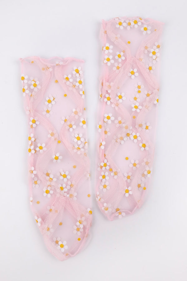 Pembe  Papatya Desenli Kız Çocuk Tül Çorap