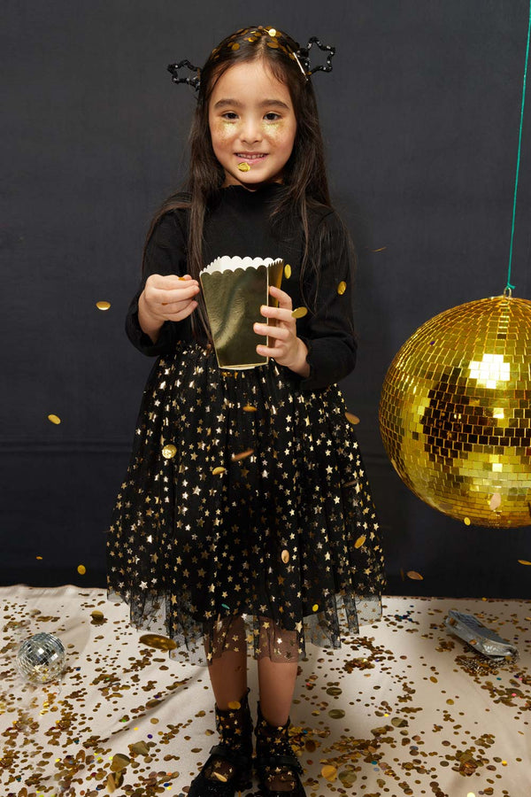 Siyah  Yıldız Baskılı Tül Etekli Kız Çocuk Elbise - Karen