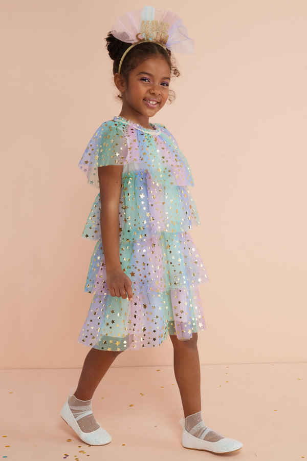 Çok Renkli  Yıldız Baskılı Katlı Tül Kız Çocuk Elbise - Estela