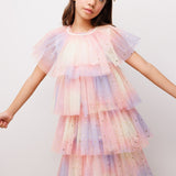 Turuncu  Yıldız Baskılı Katlı Tül Kız Çocuk Elbise - Estela