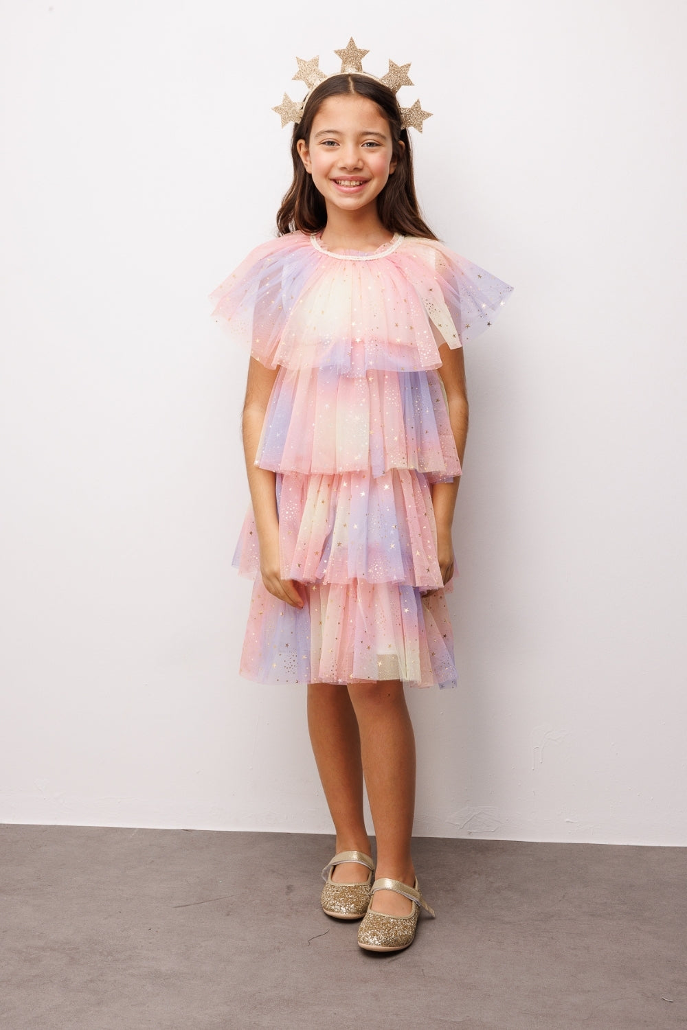 Turuncu  Yıldız Baskılı Katlı Tül Kız Çocuk Elbise - Estela