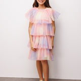 Turuncu  Yıldız Baskılı Katlı Tül Kız Çocuk Elbise - Estela