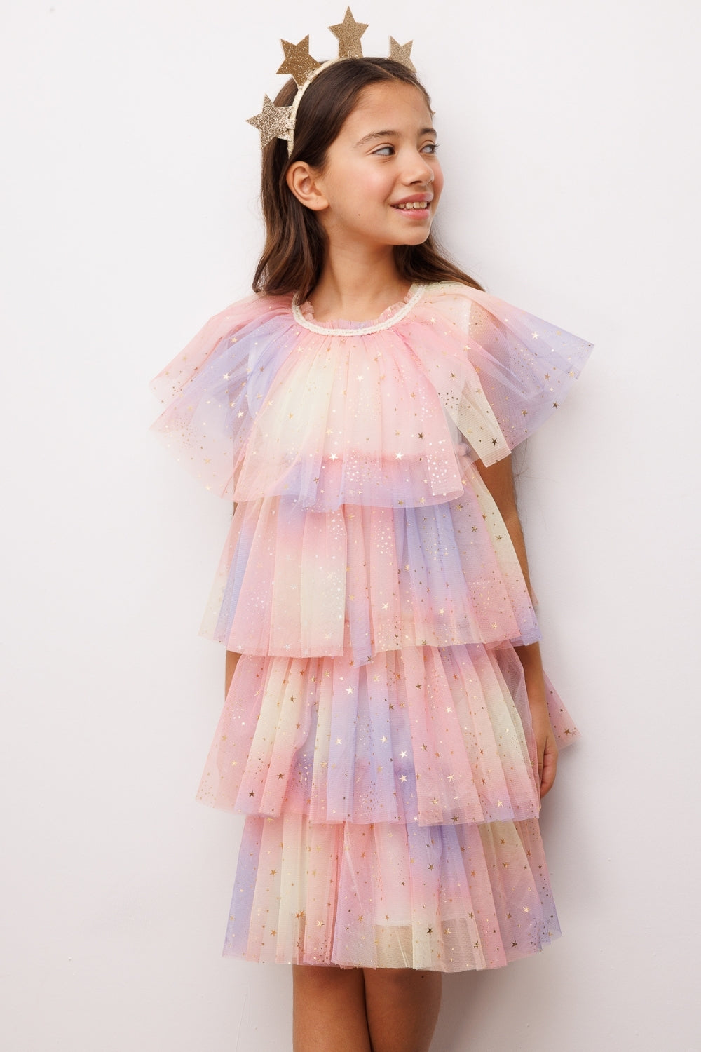 Turuncu  Yıldız Baskılı Katlı Tül Kız Çocuk Elbise - Estela