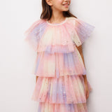 Turuncu  Yıldız Baskılı Katlı Tül Kız Çocuk Elbise - Estela