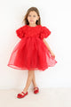 Red Rose Detailed Tulle Skirted Girl's Dress - Nelia
