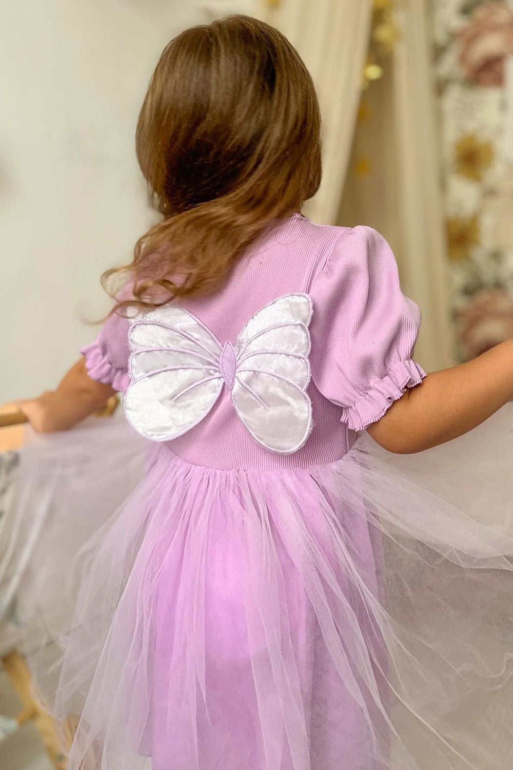 Lila  Karpuz Kollu Kelebek Kanatlı Kız Çocuk Elbise - Angel