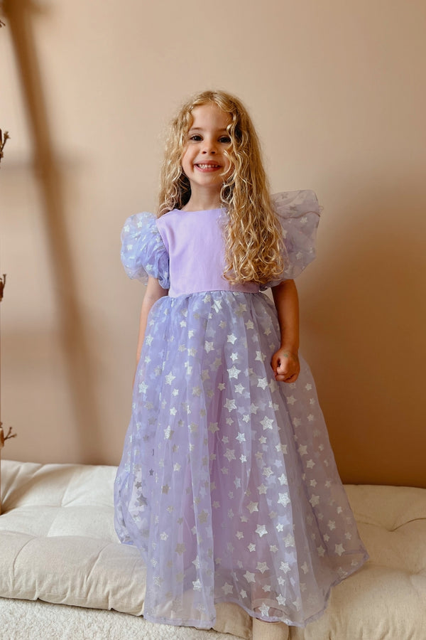 Lila  Yıldızlı Tül Etekli Kız Çocuk Elbise - Elsa
