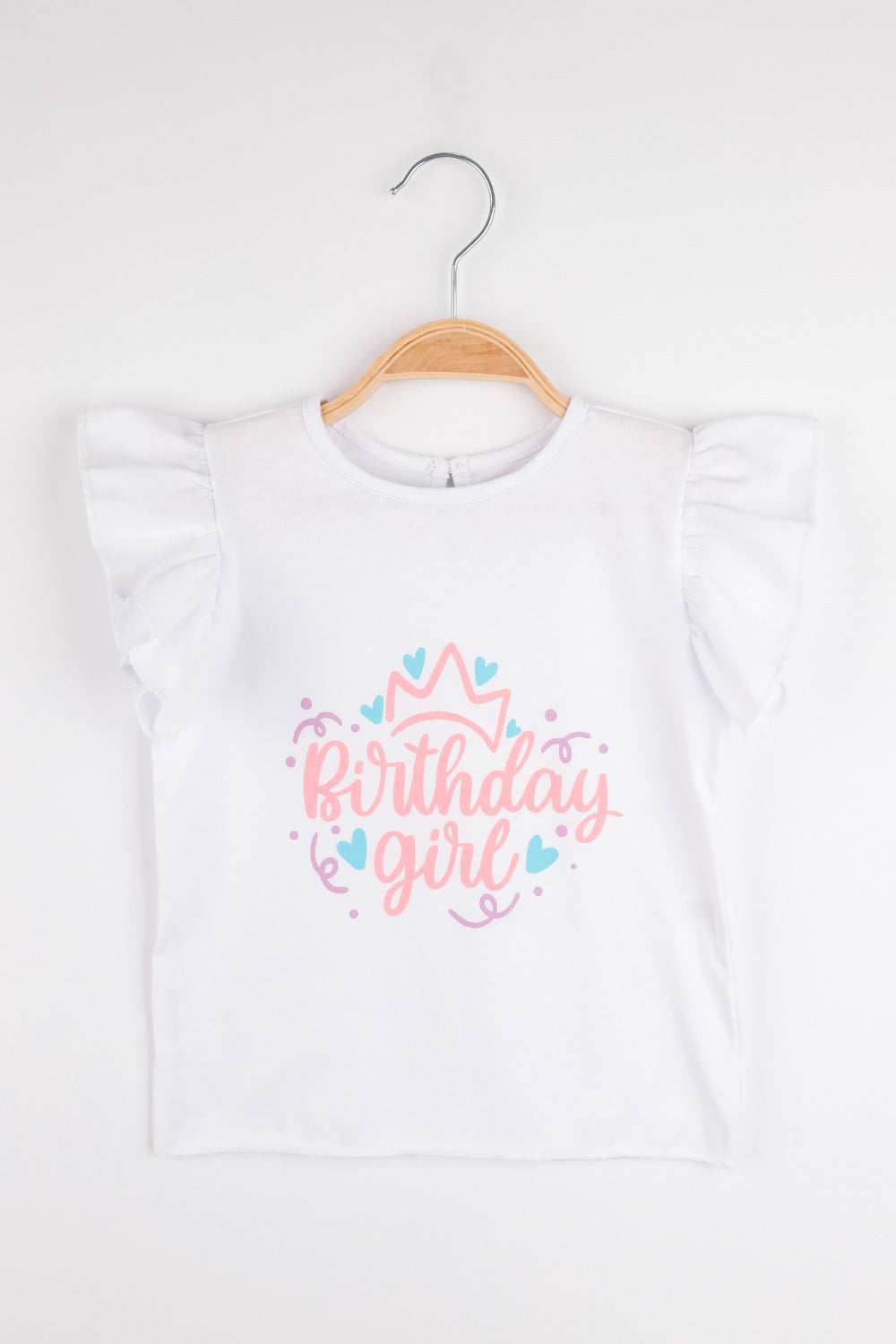 Beyaz  Taçlı Birthday Girl Baskılı Kısa Kollu Kız Çocuk Tişört - Olena