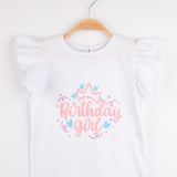 Beyaz  Taçlı Birthday Girl Baskılı Kısa Kollu Kız Çocuk Tişört - Olena