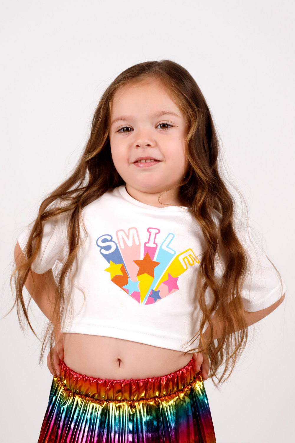 Beyaz  Smile Yıldız Baskılı Kız Çocuk Crop Tişört - Becky