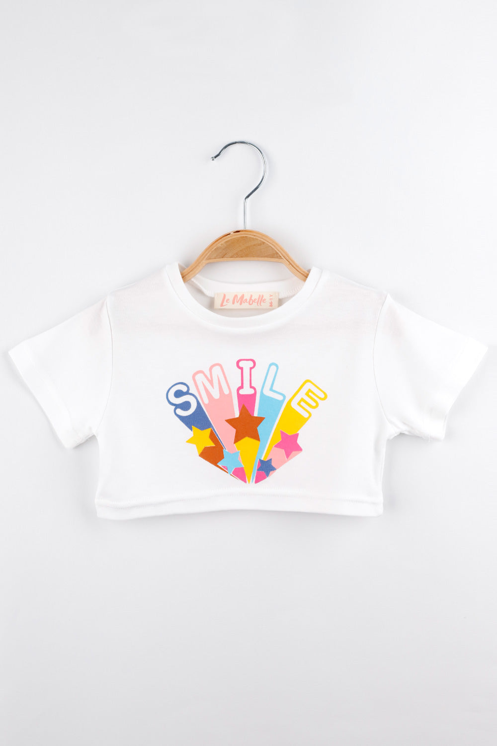 Beyaz  Smile Yıldız Baskılı Kız Çocuk Crop Tişört - Becky